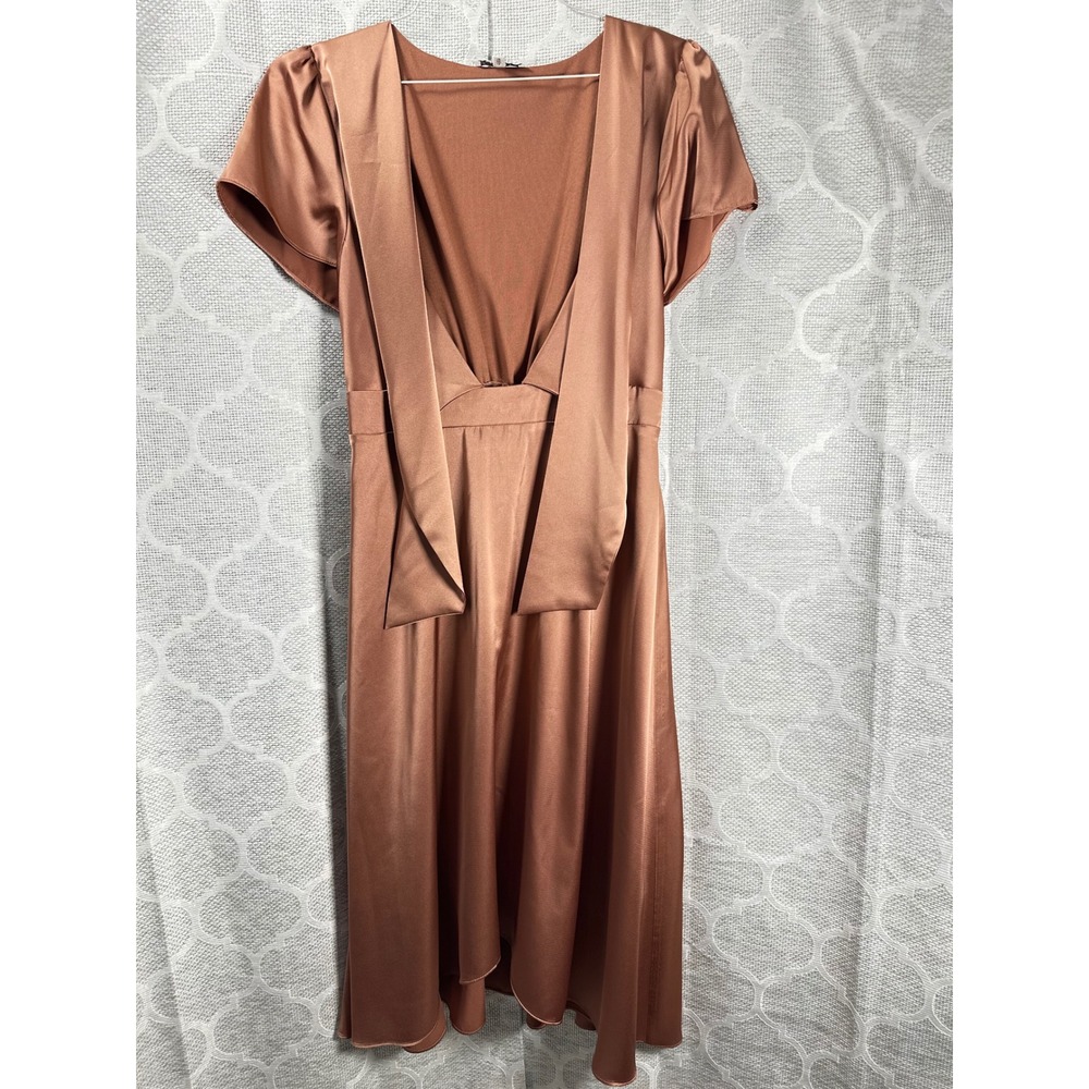 BALTICBORN‎ Rose Gold Satin Midi Dress Short Flutter Sleeves Smocked Waist
